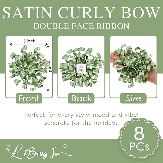 5'' Sage Green Bows Curly Ribbon Bows for Gift Wrapping, Satin Bows with Double-Sided Tape, Self Adhesive Bows for Party, Wedding, Birthday Decor, Premade Bows for Crafts, Wine Glasses-8 PCs