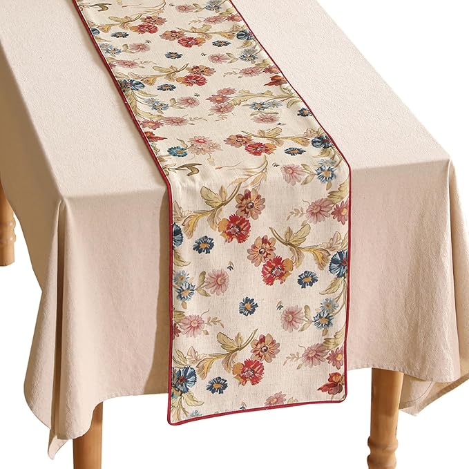 patdrea Designer Farmhouse Linen Thick Table Runner, Rustic Cottage Beige with Floral Pattern Fabric Table Mat, Decoration for Kitchen Dining Coffee Table Banquet Christmas , 12"*102"