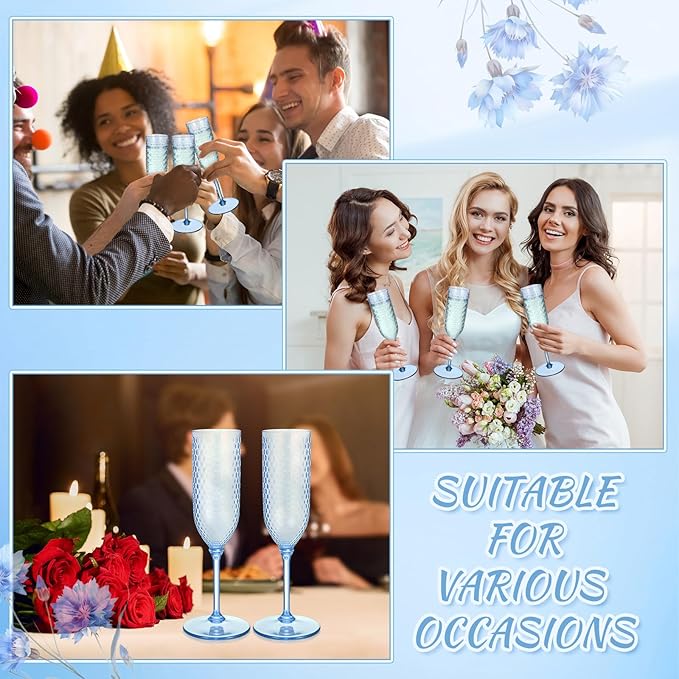 Remerry 24 Pack Detachable Plastic Champagne Flutes 5.5 oz Champagne Glasses Bulk Disposable Mimosa Glasses Reusable Wine Cups for Wedding Toasting Baby Shower Birthday Party New Years (Blue)