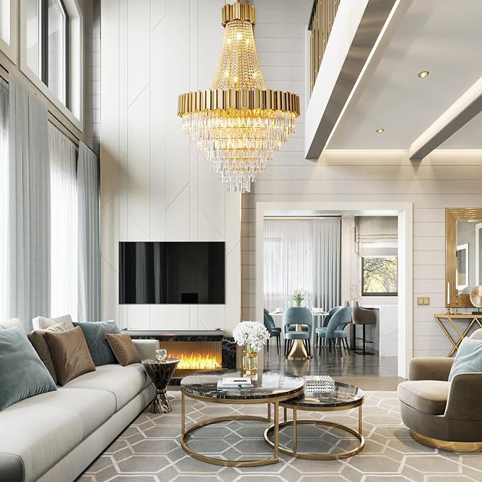 54" Luxury Long Crystal Chandelier for High Ceilings, 21-Light Modern Gold Large Chandeliers for Staircase, Foyer, Entryway, Living Room, Hallway, Contemporary K9 Crystal Tiered Chandelier