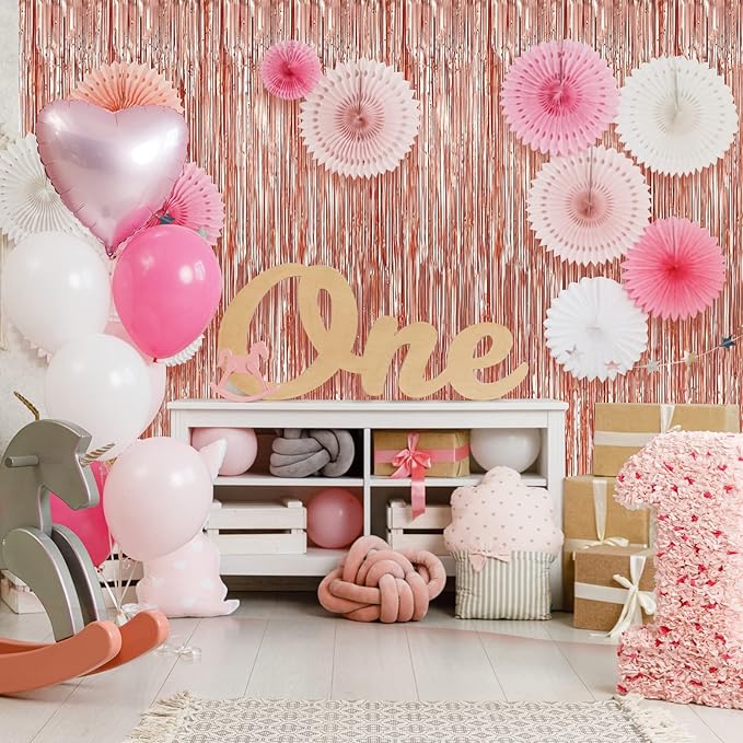 Crosize 4 Pack 3.3 x 9.9 ft Rose Gold Foil Fringe Backdrop Curtain, Streamer Backdrop Curtains, Streamers Birthday Party Decorations, Tinsel Curtain for Parties, Photo Booth Backdrops, Party Décor