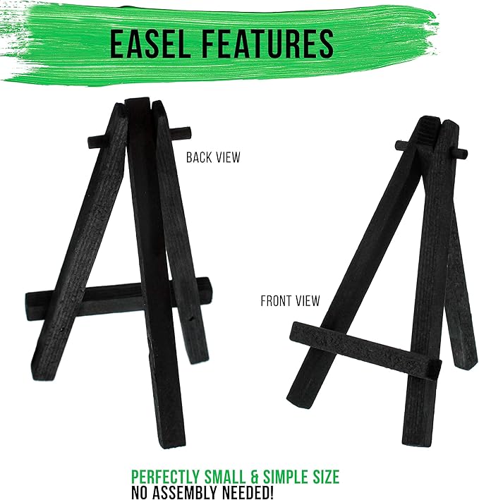 U.S. Art Supply 3" x 3" Stretched Canvas with 5" Mini Easel Kit (12 Pack) - Black Wooden A-Frame Tabletop Display Stand, Mini Easel Stand - Small Easels for Display, Small Canvases, Crafts, Photos