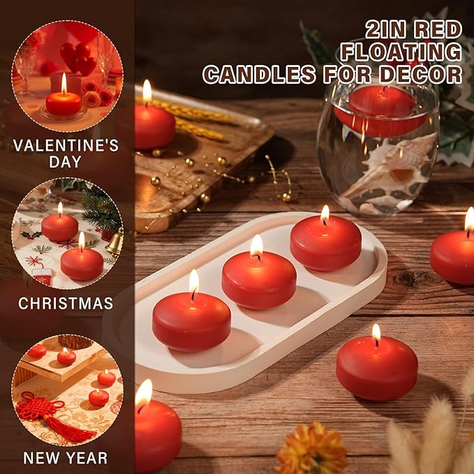 2 inch Red Floating Candles, 36 Pack Unscented Floating Candles for Centerpieces,5-6 Hours Water Activated Candle Bulk for Cylinder Vases Wedding Pool Bathtub