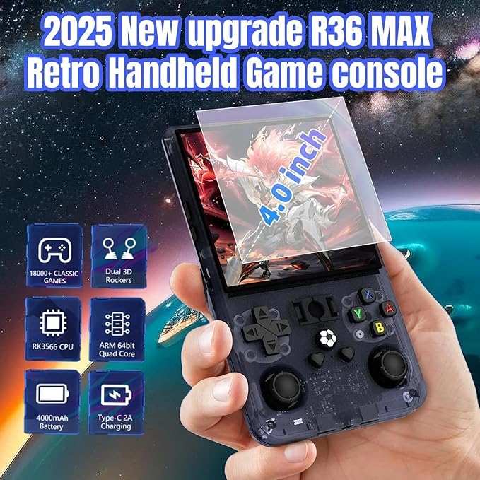R36MAX Retro Handheld Game Console – 18,000+ Classic Games, 4.0" IPS Display, Linux System, 64GB Storage – Your Retro Gaming Console and The to Relive Timeless Classics.