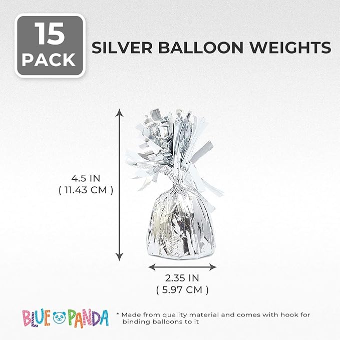 BLUE PANDA Balloon Weights - 4.5 x 2.35 in, Silver, 15 Pack - Table Balloon Stand Weight & Holder with Tinsel Tassel Fringe & Hook