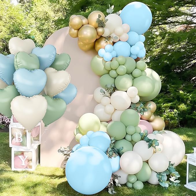 Blue Green White Heart Balloons,12Pcs 18Inch Cream White Baby Blue Sage Green Heart Shaped Foil Helium Balloons for Baby Shower Birthday Anniversary Wedding Engagement Party Decorations