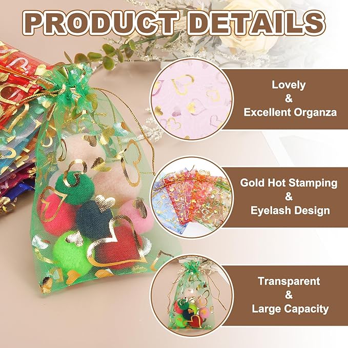 PATIKIL 100 Pcs 5x7 Inch Heart Printed Organza Bags, Purple Sheer Heart Organza Bags with Drawstring for Christmas Candy Jewelry Party Wedding Favor Gift