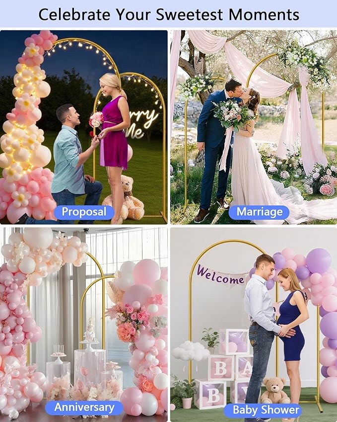 HEMMOTOP Metal Arch Backdrop Stand Set of 2 (7.2ft + 6ft), Wedding Arch Frame, Stable Background Stand with Square Base Ground Nails, for Birthday Party Baby Shower Garland Decoration, Gold