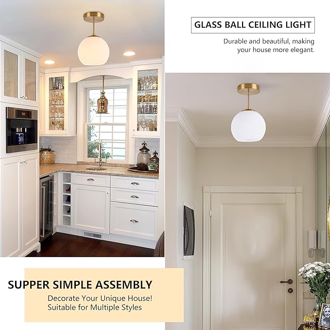 Gold Semi Flush Mount Ceiling Light Fixture Milk Glass Light Fixture Mid Century Flush Mount Ceiling Lights Brass Flush Mount Ceiling Schoolhouse Lights for Dining Room(Bulb Incl.)