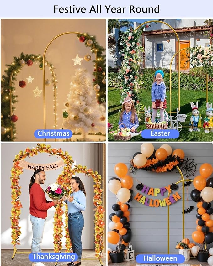 HEMMOTOP Metal Arch Backdrop Stand Set of 2 (7.2ft + 6ft), Wedding Arch Frame, Stable Background Stand with Square Base Ground Nails, for Birthday Party Baby Shower Garland Decoration, Gold