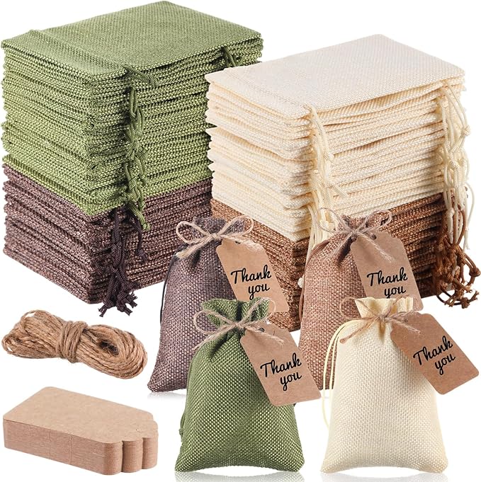 Woanger 100 Pcs Burlap Gift Bags with 100 Pcs Kraft Paper Gift Tags with Drawstring Favor Bulk Burlap Sack Bags for DIY Wedding Party Craft (4 x 6 Inch,Beige, Medium Brown, Dark Brown, Military Green)