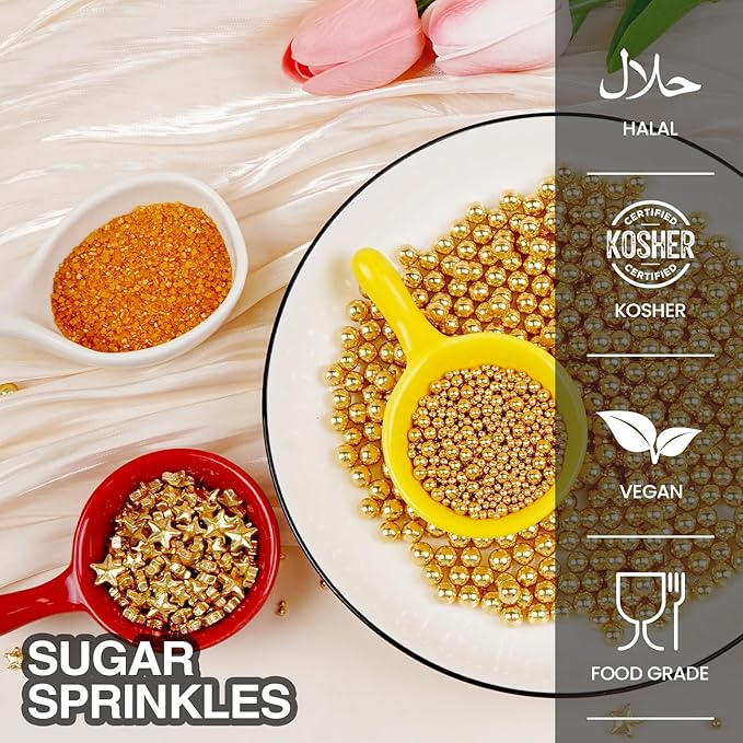 Edible Gold Pearl Sprinkles for Cake Decorating, Gold Sugar Sanding and Star Sprinkles for Cupcake, Cookie, Baking Cake Decorations, 160g/5.64oz, Holiday, Wedding Party, Christmas Supplies