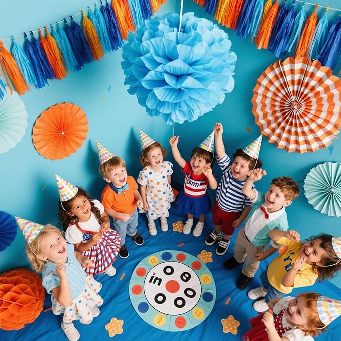 Orange and Blue Paper Tassel, 20 Pack, Party Decorations for Birthday, Baby Shower, Sprot Game,Graduation