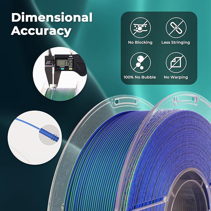AMOLEN Silk PLA 3D Printer Filament, Silk Dual Color Blue Green PLA Filament 1.75mm, Shiny Coextrusion PLA Filament, Color Change 3D Printing Filament 1KG/2.2lb