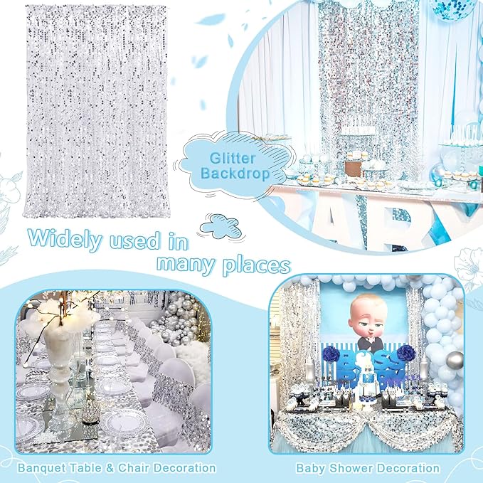 Silver Sequin Backdrop Curtains 2 Panels 4FTx8FT Big Payette Glitter Backdrop Baby Shower Photography Backdrop Background