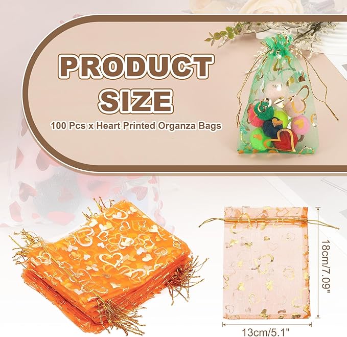 PATIKIL 100 Pcs 5x7 Inch Heart Printed Organza Bags, Orange Sheer Heart Organza Bags with Drawstring for Christmas Candy Jewelry Party Wedding Favor Gift