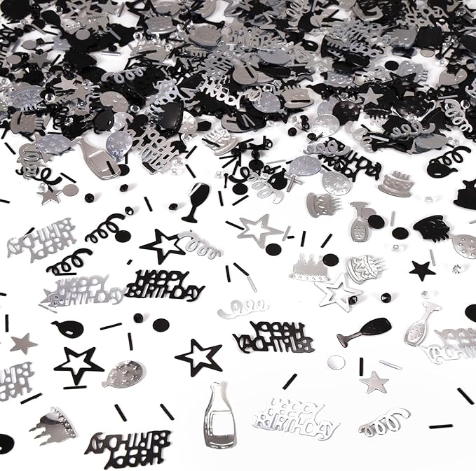 Silver and Black Happy Birthday Confetti, 3000 Pcs Birthday Cake Table Metallic Foil Confetti Party Table Decor for Party, Baby Shower, DIY Arts and Crafting