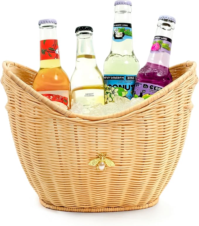 Lexenic Ice Bucket with Handle Hole, Woven and Acrylic Double Layer Basket Design, 4L Champagne Wine Ice Bucket for Cocktail Bar, Parties, Picnics- Anti Frozen Hands Anti Water Leakage (Rattan)