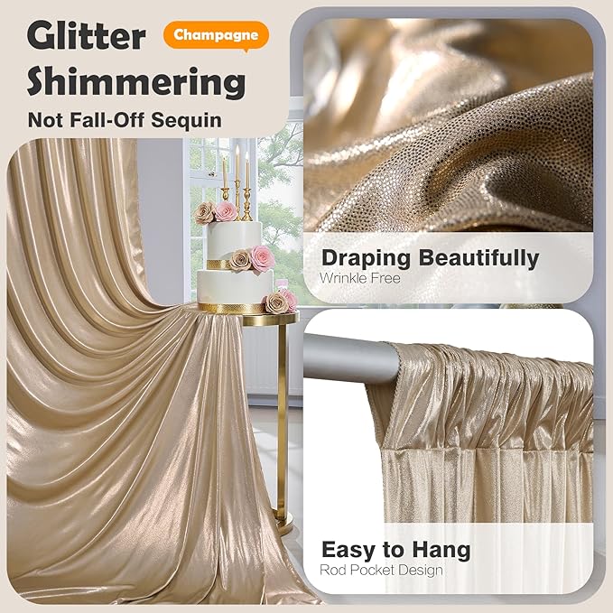 10x10 Champagne Sequin Backdrop Curtain with Lights-Wrinkle Free Thick Glitter Backdrop Drapes for Wedding Parties Events Halloween Decor-2 Panels 5×10ft Shimmer Photo Booth Background for Photography