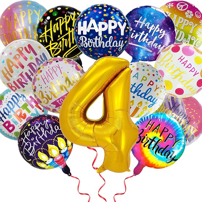 50 Pcs Happy Birthday Party Aluminum Foil Balloons and 4th Birthday Balloons, 18 Inch Round Aluminum Foil Balloon with" Happy Birthday" Sign, Birthday Party Decorations for Boys/Girls (4)