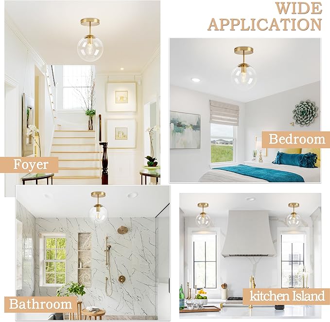 Globe Semi Flush Mount Ceiling Light, Clear Glass with Brass Finish, Contemporary Mid Century Modern Style Lighting Fixture Gold(12W 2700K LED Corn Bulb Included)