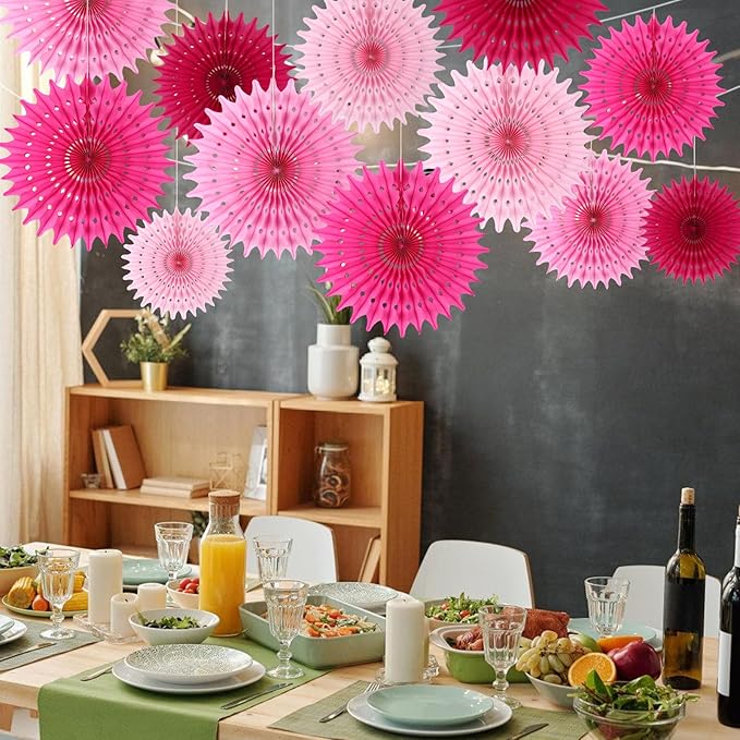 12PCS Paper Fans Hot Pink Party Decorations Tissue Paper Flowers Decorations for Girl Groovy Birthday Baby Shower Wedding Bachelorette Room Wall Hanging Décor