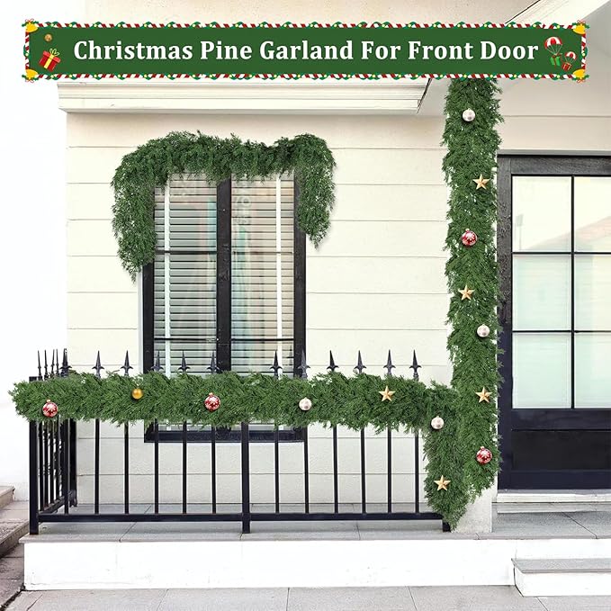 9ft Christmas Cedar Garland, Real Touch Pine Garland, Realistic Cypress Garlands Christmas Decorations for Mantel, Table, Stairs, Porch - Indoor Outdoor Xmas Holiday Decor