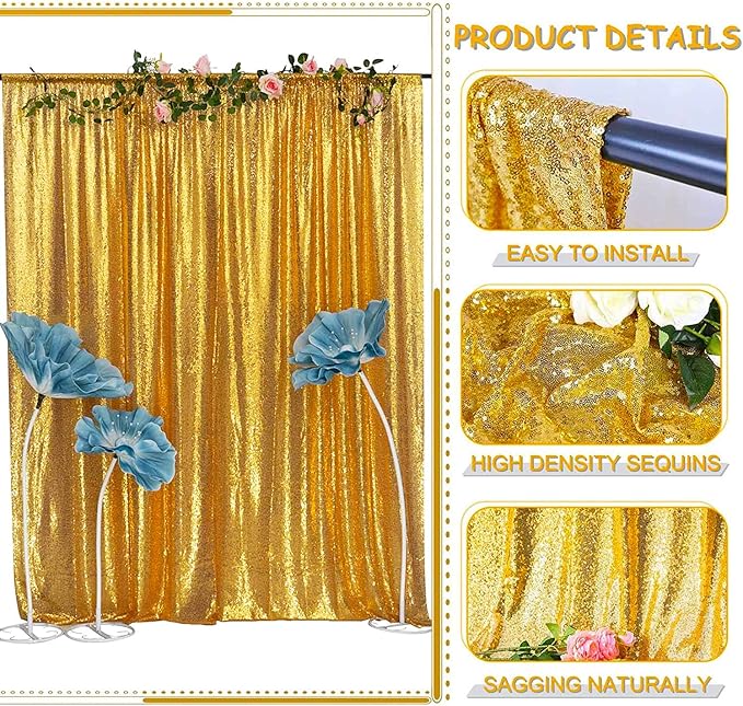 Gold Sequin Backdrop Curtain 8FTx8FT 1 Panel Sequin Backdrop Drape for Parties Glitter Photo Background for Wedding Baby Shower Christmas
