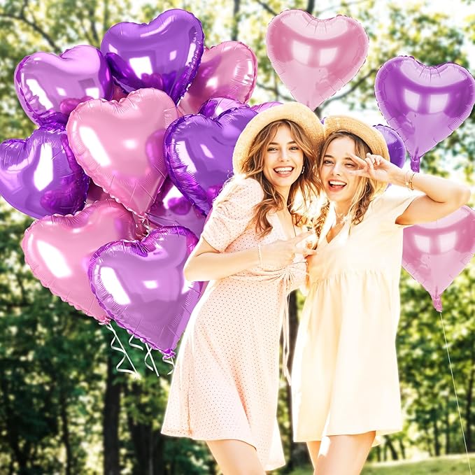 12 Pcs Heart Balloons, 18 inch Pink Purple Heart Shaped Balloon, Big Helium Foil Pink Purple Balloons for Wedding Baby Shower Anniversary Backdrop Valentine Women Girl Party Decoration