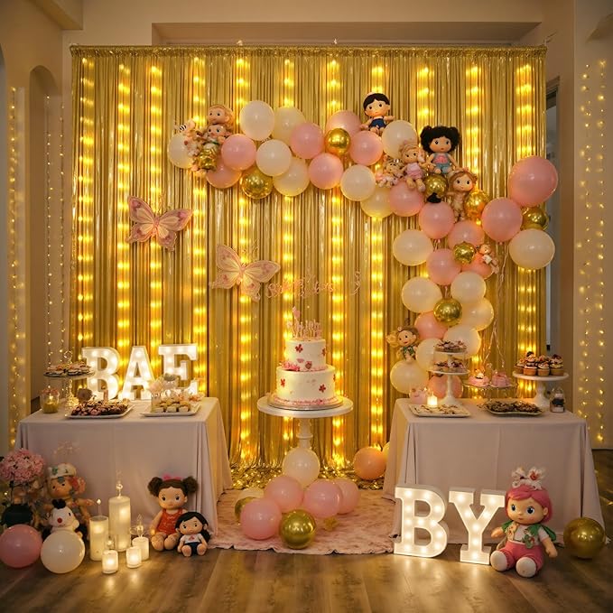 PartyVillage 10x10FT Gold Sequin Backdrop Curtain with String Lights – 2 Panels 5x10FT Sparkly Wrinkle-Free Glitter Backdrop Drapes for Birthday, Wedding, Photography, Graduation Party Décor