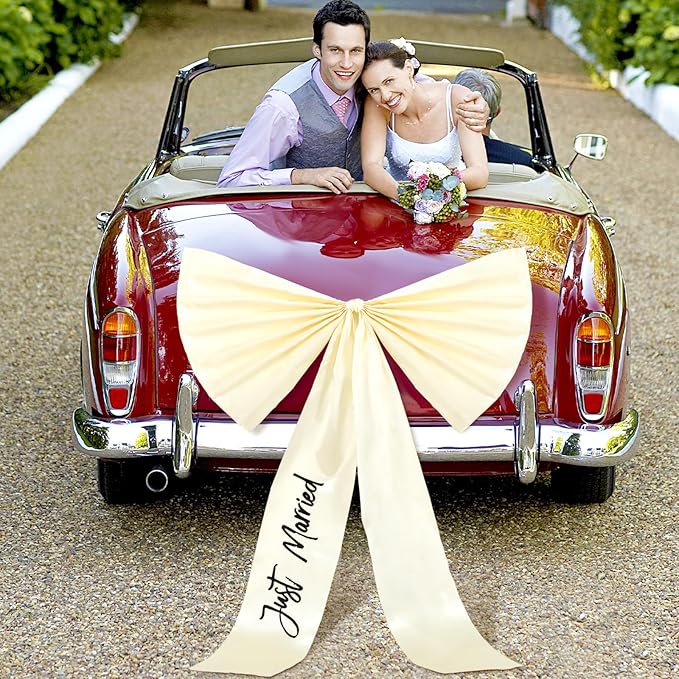 Zeyune 30 Inch Just Married Car Bow Decorations Wedding Reception & Ceremony Decor Kit Giant Ribbon Bow Automotive Decoration Accessories Ideal for Elegant Wedding Party Decor(Black Words)
