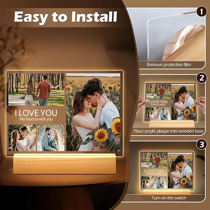 Personalized Anniversary Birthday Gifts for Women & Men, Custom Picture Frames with Photo, Personalized Photo Frame with Night Light, Custom Photo Gifts for Her, Him, Couple, Boyfriend, Girlfriend