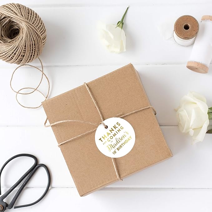 Andaz Press Personalized Round Circle Birthday Gift Tags, Metallic Gold Ink, Thanks for Coming to Madison's 10th Birthday Block Style, 24-Pack, Custom Made Name Age