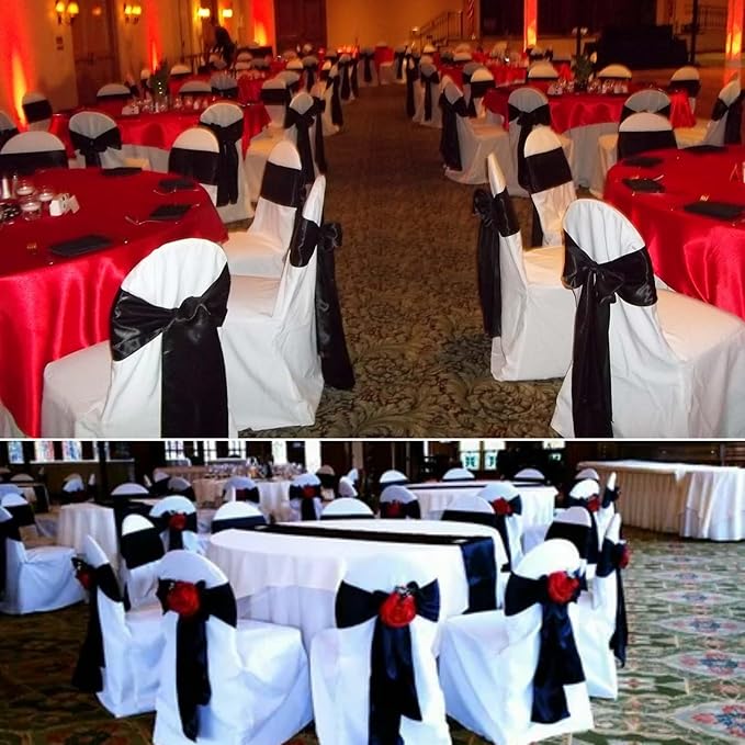 100 PCS Satin Chair Sashes Decorative Bow Satin Chair Sashes Ties Back Ribbon Bows Chairs Cover Band for Wedding Party Ceremony Reception Events Banquet Restaurant Home Kitchen Decor(7x108inch,Black)