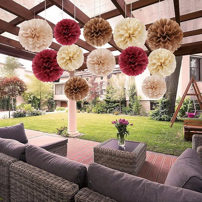 Capesaro Burgundy Beige 12PCS Paper Pom Poms Party Decorations for Engagement,Boho Wedding,Baby Shower