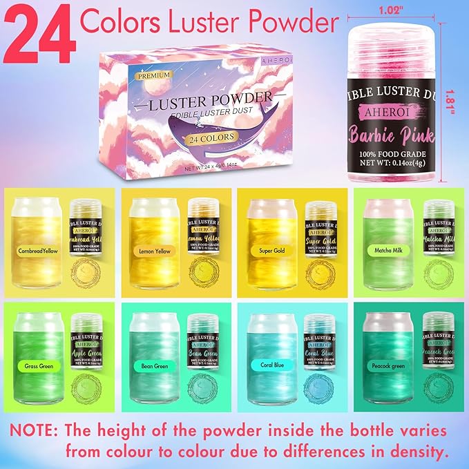 Aheroi Edible Glitter, 24 Colors Luster Dust Edible, Cocktail Glitter Luster Dust Sprinkles Drink Glitter Set, Shimmering Glitter Powder Glitter for Fondant Cake Chocolate Cocktail Candy（4g/0.14oz）