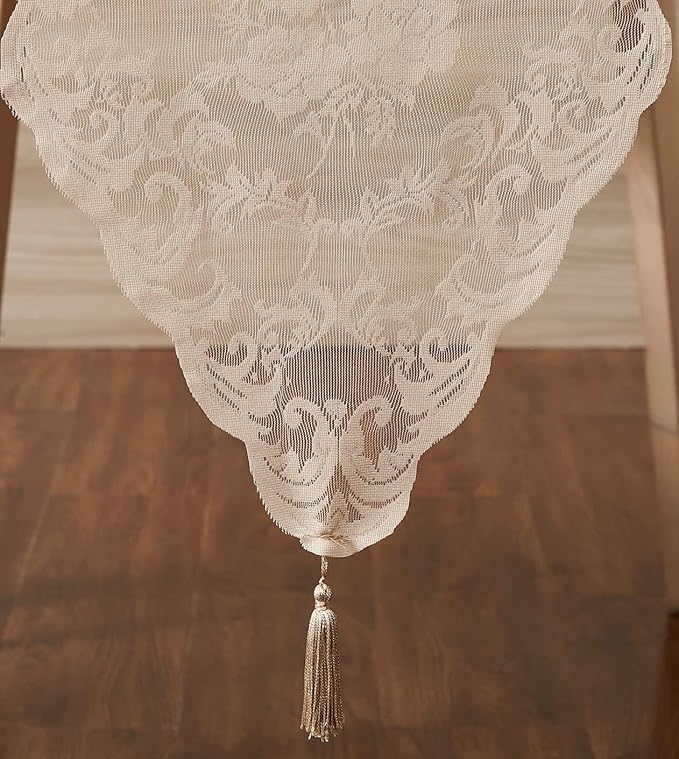 LinenZone Linen Table Runner with 2 Tassels for Rustic Vintage Decor. Lace Table Runner Works Great As Wedding, Thanksgiving, Christmas Decor (Mia 14 x 72, Linen)