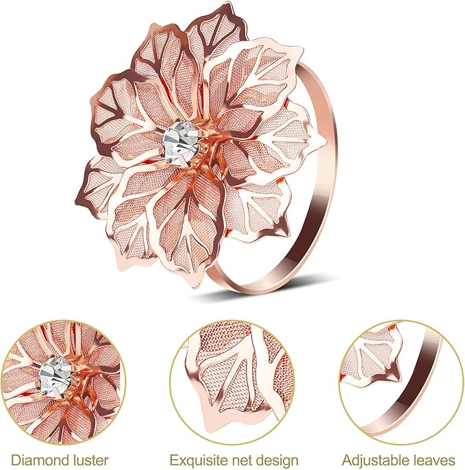 KPOSIYA Flower Napkin Rings Holder Metal Rose Gold Napkin Rings Set of 12 for Wedding Party Holiday Banquet Christmas Dinner Delicate Serviette Buckles Decor Favor (12, Rose Gold)