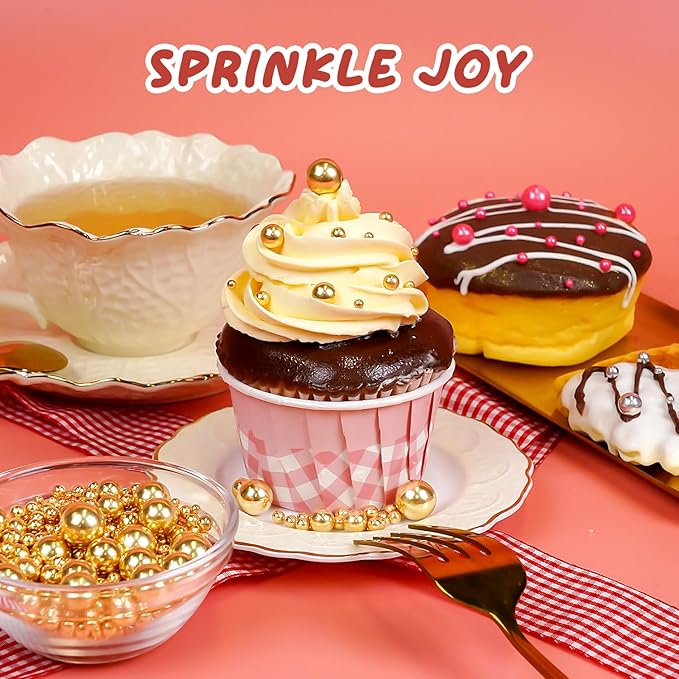 Gold Pearl Sprinkles, Edible Sugar Pearl, Bright Sprinkles 180g/6.35oz, Gold Pearls for Cake Decorating, Edible Cake Decorations, Cupake Toppers, Wedding Party Supplies