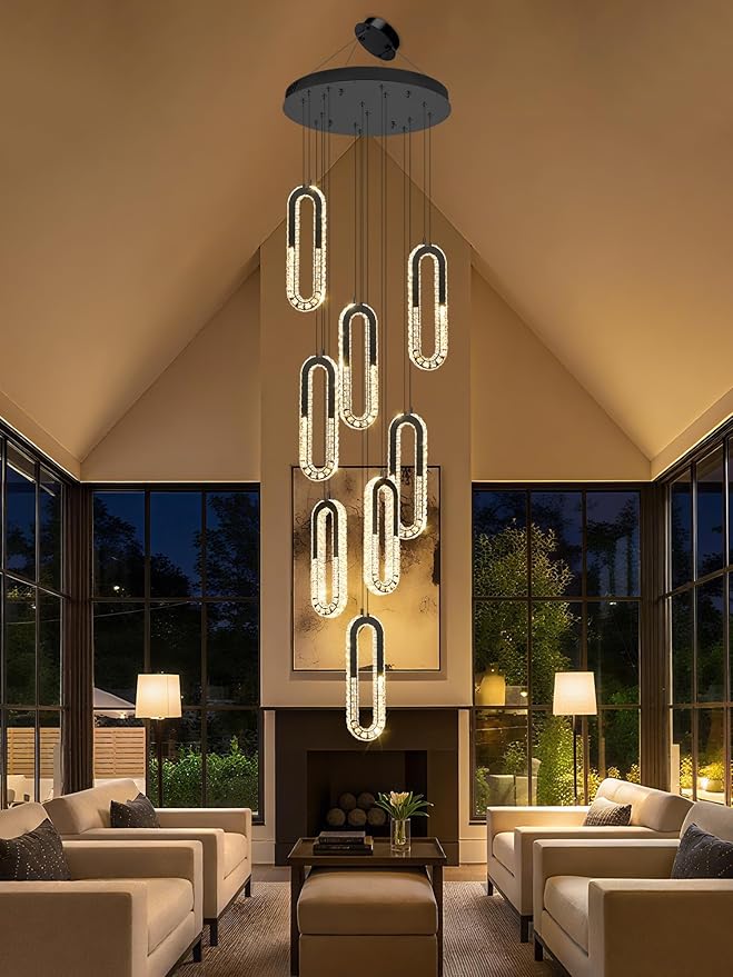 8 Rings Crystal Chandelier,H 118" Modern Black Pendant Light Luxury Foyer Lighting Fixture High Ceiling Chandelier for Entryway,Staircase,Living Room,Villa LED Dimmable 2700K-6000K