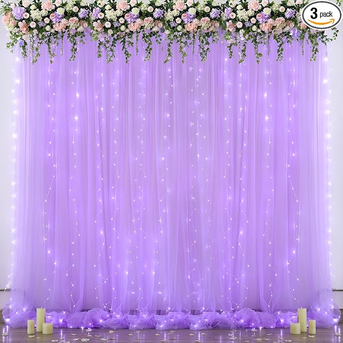 Lavender Tulle Backdrop Curtain with Led Lights for Wedding Baby Shower Girls 10ft X 8ft Lilac Lavender Sheer Backdrop Curtain for Birthday Party Bridal Shower Photoshoot Background Decorations