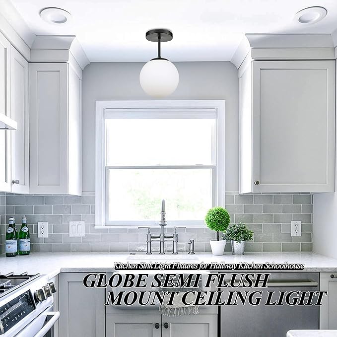 8" Black Semi Flush Mount Ceiling Light Fixture Milk Glass Globe Ceiling Light Fixtures Hallway Light Fixtures Mid Century Ceiling Lights Matte Black Finish for Entryway Foyer (Bulb Incl.)