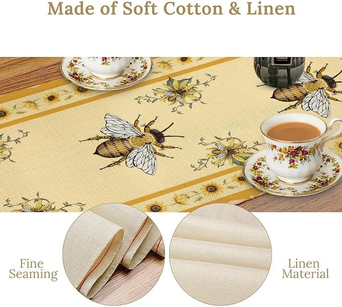 Honey Bee Table Runner, Farmhouse Yellow Sunflower Retro Summer Linen Tables Runners for Kitchen Dining Table Home Party Decor, 13x108inch