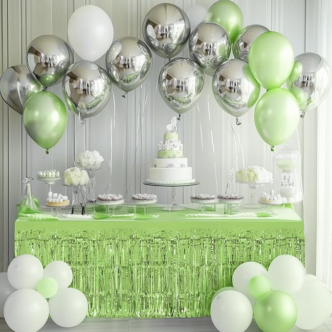 4 Pack Light Green Table Skirts, 29x108" Metallic Foil Tinsel Fringe Table Skirts for Rectangle Tables Streamer Curtains Backdrop, Party Decorations for Birthdays Weddings Holidays
