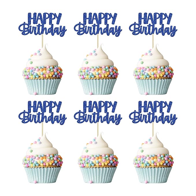 Gyufise 24 Pcs Happy Birthday Cupcake Toppers Glitter Cupcake Food Picks for Celebrating Theme Party Cake Decorations Supplies Deep Blue