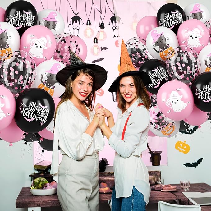 Halloween Balloons, 52 PCS Pink Black Halloween Balloons with Pumpkin Cat, Ghost Printed Balloon, Pink Black Confetti Latex Balloon for Ghost Party Decorations