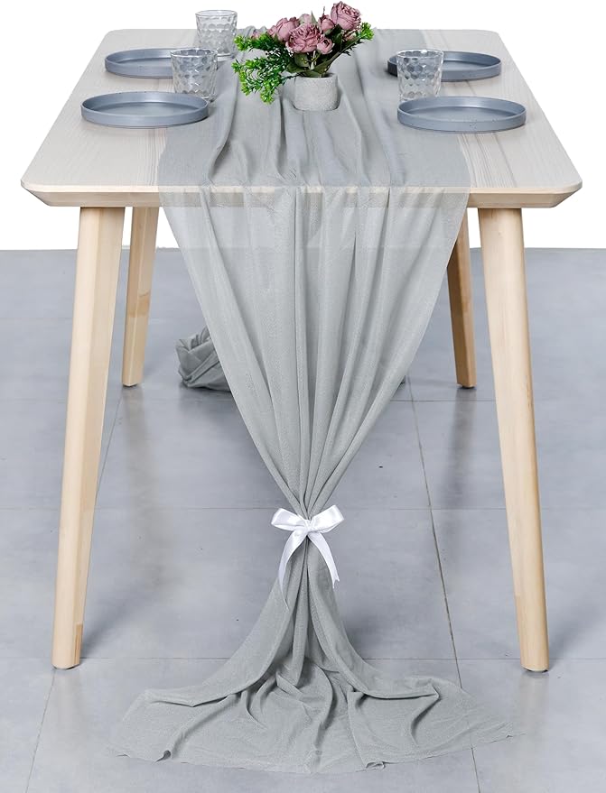 MDS Halloween Chiffon Table Runner - 25 Pack, 29 x 170 Inches, 14ft Each - Sheer Spooky Table Runners for Haunted House Parties, Trick-or-Treat Tables, Witchy Décor, Wedding & Events - Gray