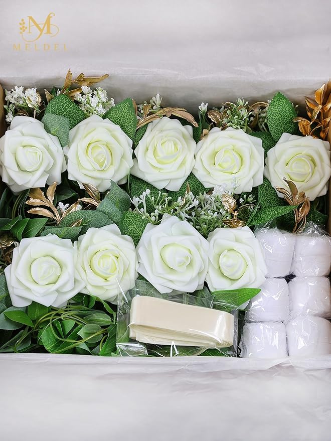 Meldel Wedding Chair Decorations Aisle Floral Set of 10 Artificial Flowers Ivory White Rose Garland with Hanging Ribbions for Ceremony Reception Church Arrangement Party Wedding Pew Decor Flower