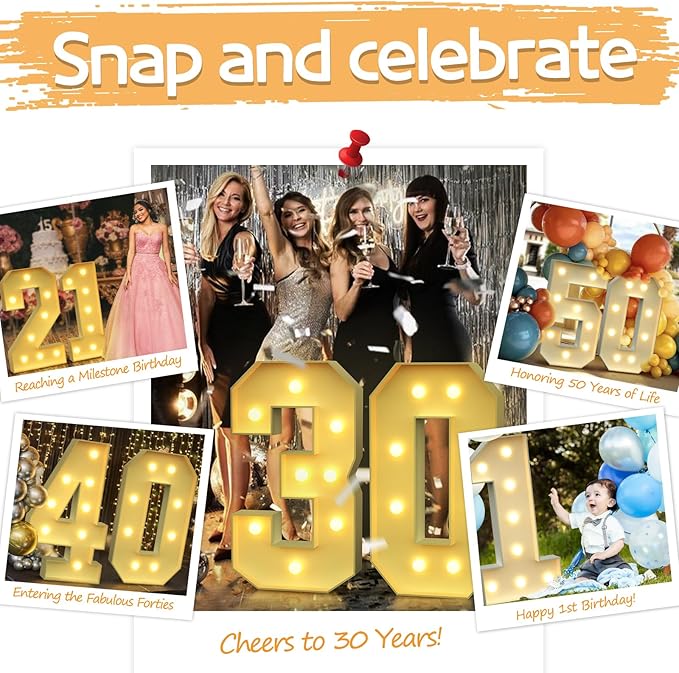 imprsv 3FT Marquee Numbers, Light Up Numbers for 30th 50th Birthday Decorations Anniversary Party Decor, Number 0 Light Up Number, Pre-Cut Foam Board Kit