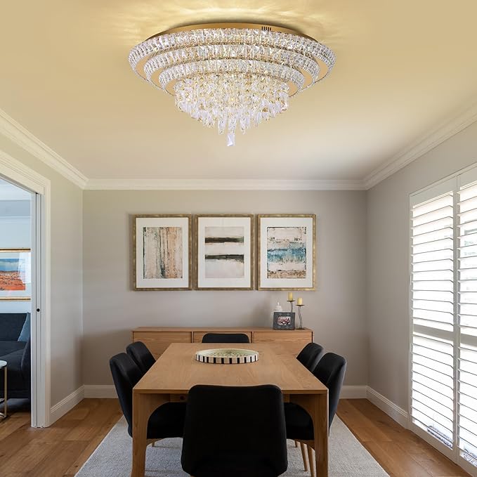 30 inch Crystal Gold Ceiling-Light Flush Mount with Remote Control and APP, 3CCT Dimmable & Brightness Adjustable, Modern Crystal Raindrop Chandeliers for Bedroom Hallway Dinning Room Living Room